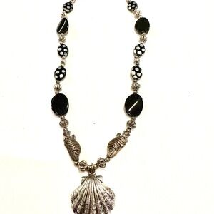 Whimsical Scallop Shell with Fish Black and Antiqued Silver-Tone Necklace
